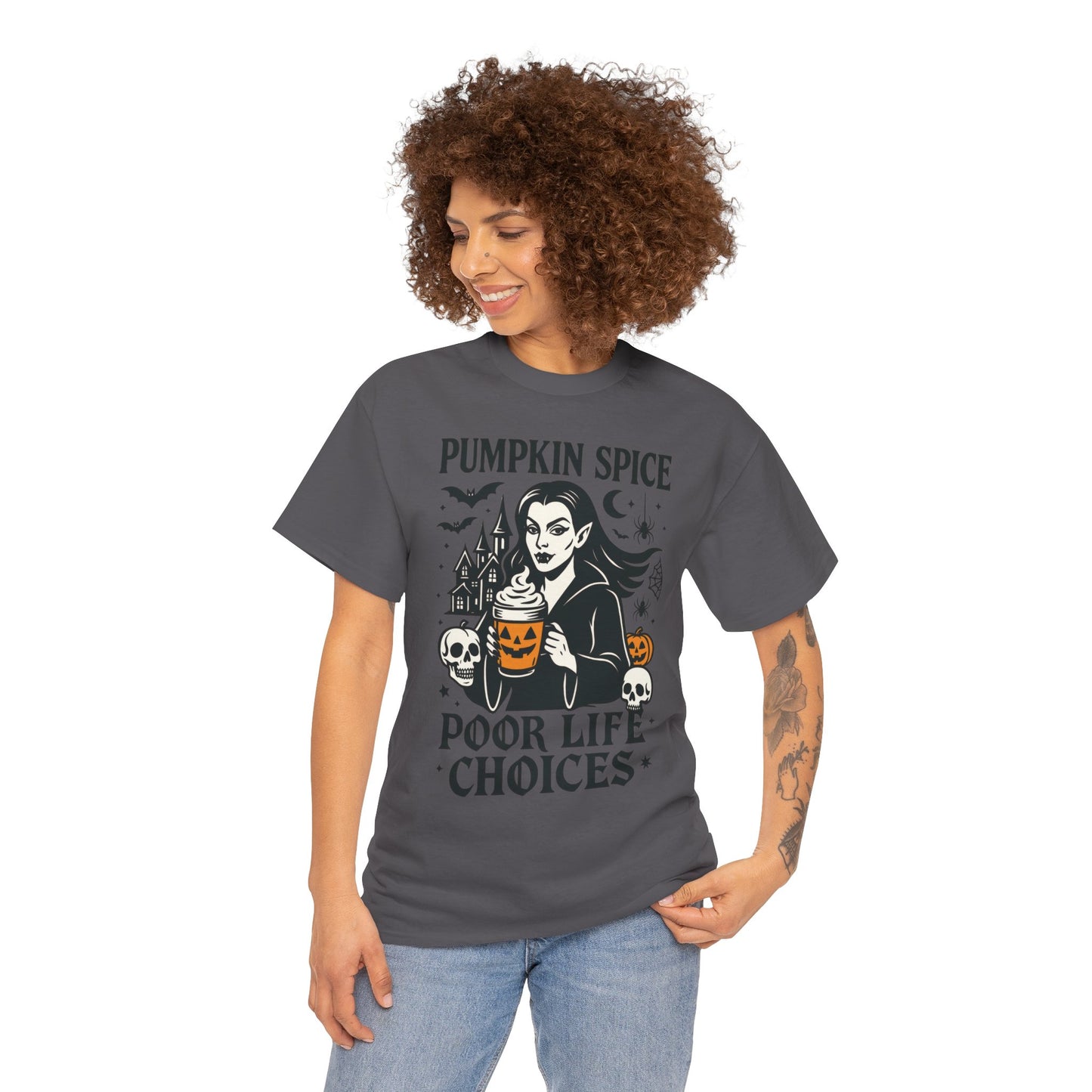 Pumpkin Spice Poor Life Choices Women's T-Shirt, Funny Vampire Coffee Halloween Graphic Tee