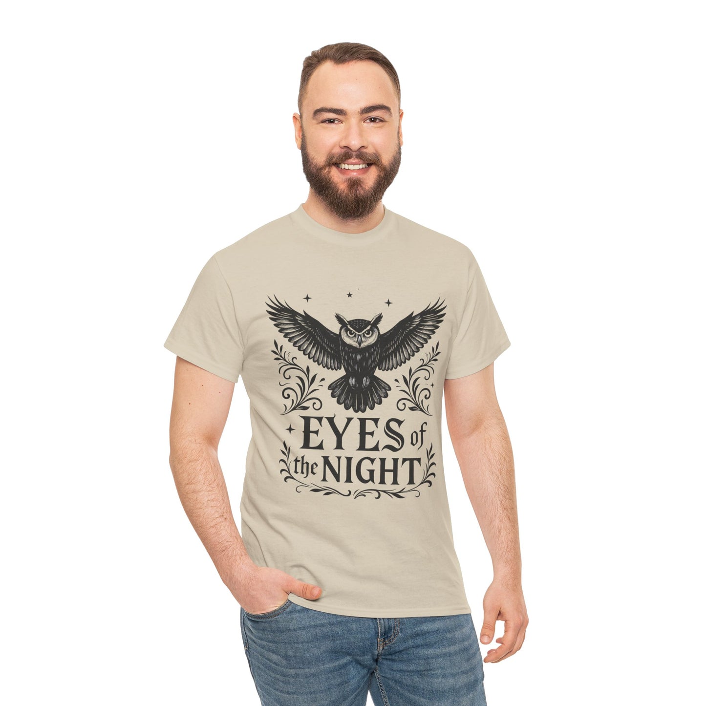 Cool Owl Graphic Unisex Heavy Cotton Tee, Flying Owl Art T-Shirt, Animal Print Tee, Gothic Bird Graphic Tee, Mens Gothic Style Shirt