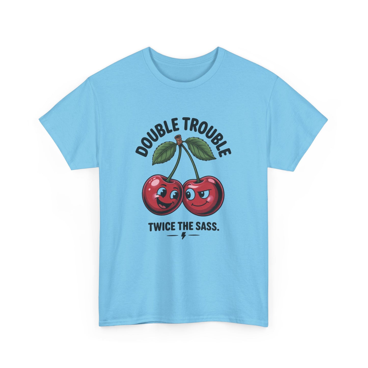 Double Trouble Cherry Graphic Tee, Funny Cute Womens T-Shirt, Twice the Sass Quote Shirt, Sassy Cherry Cartoon Gift