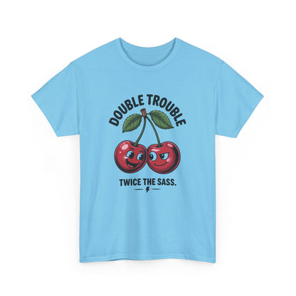 Double Trouble Cherry Graphic Tee, Funny Cute Womens T-Shirt, Twice the Sass Quote Shirt, Sassy Cherry Cartoon Gift