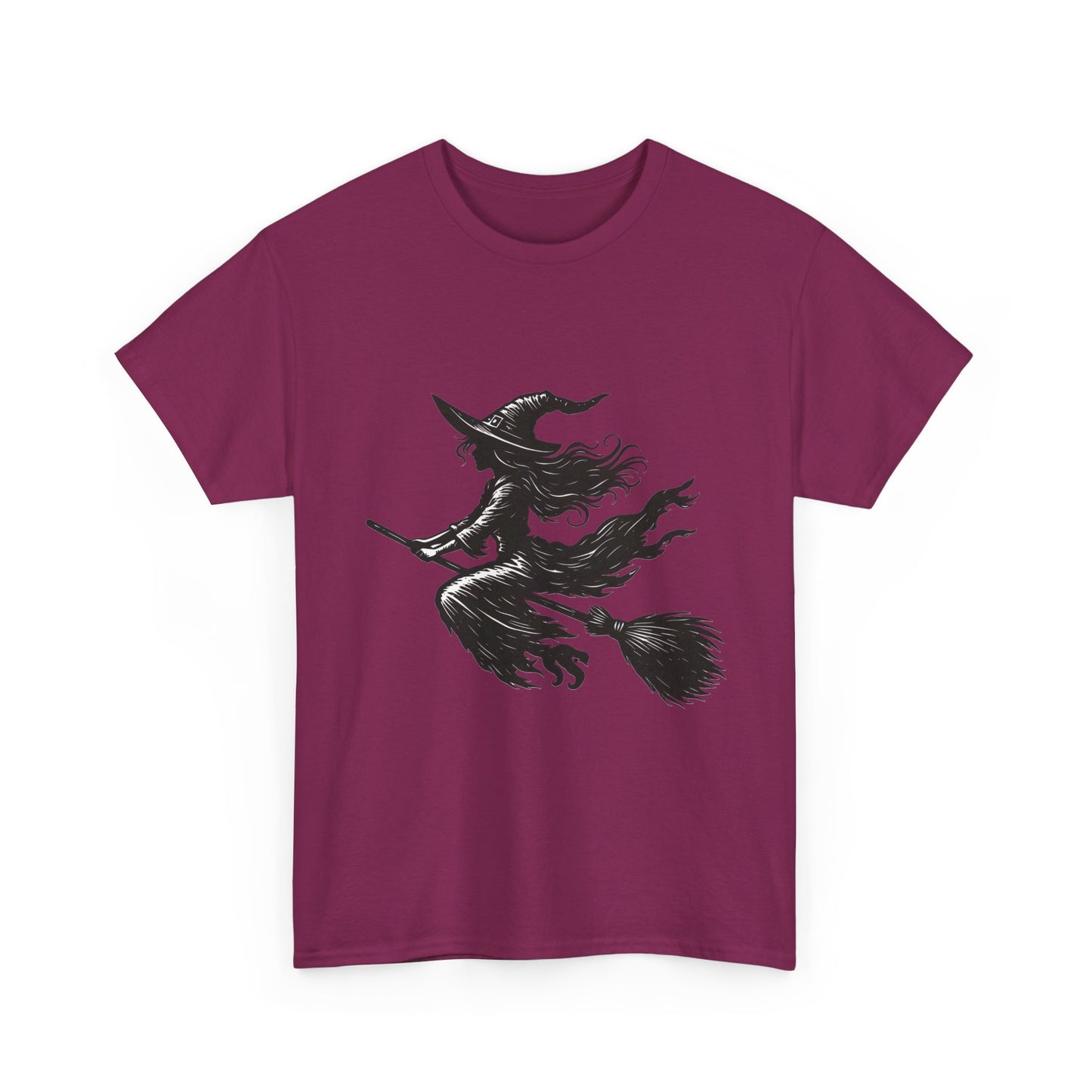 Flying Witch Silhouette Halloween T-Shirt for Women, Vintage Witch on Broom Tee, Spooky Gothic Fall Shirt, Minimal Black Witch Top