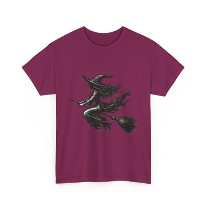 Flying Witch Silhouette Halloween T-Shirt for Women, Vintage Witch on Broom Tee, Spooky Gothic Fall Shirt, Minimal Black Witch Top