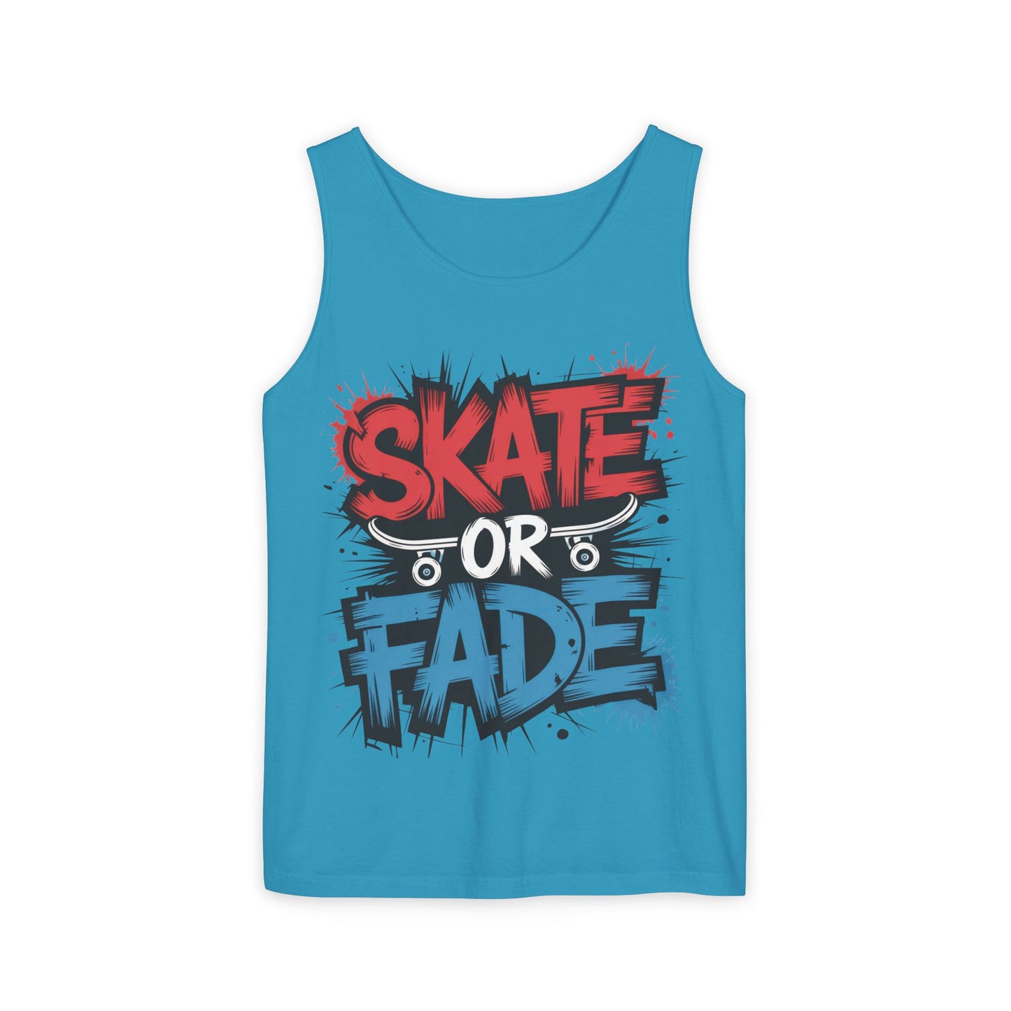 Skate Or Fade Men's Tank Top, Graffiti Skateboard Graphic Muscle Shirt, Urban Streetwear Sleeveless Top, Men's Garment-Dyed Tank Top