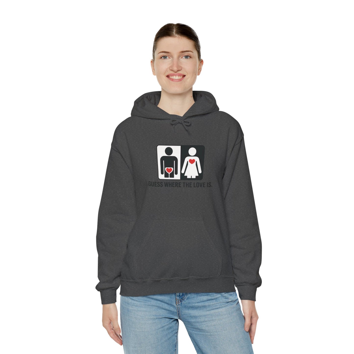 Cute Guess Where The Love Is Mens Hoodie, Sweatshirt for Couples, Valentines Day Gift, Relationship Humor Hoodie, Bold Love Joke Hoodie