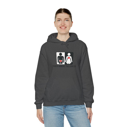 Cute Guess Where The Love Is Mens Hoodie, Sweatshirt for Couples, Valentines Day Gift, Relationship Humor Hoodie, Bold Love Joke Hoodie