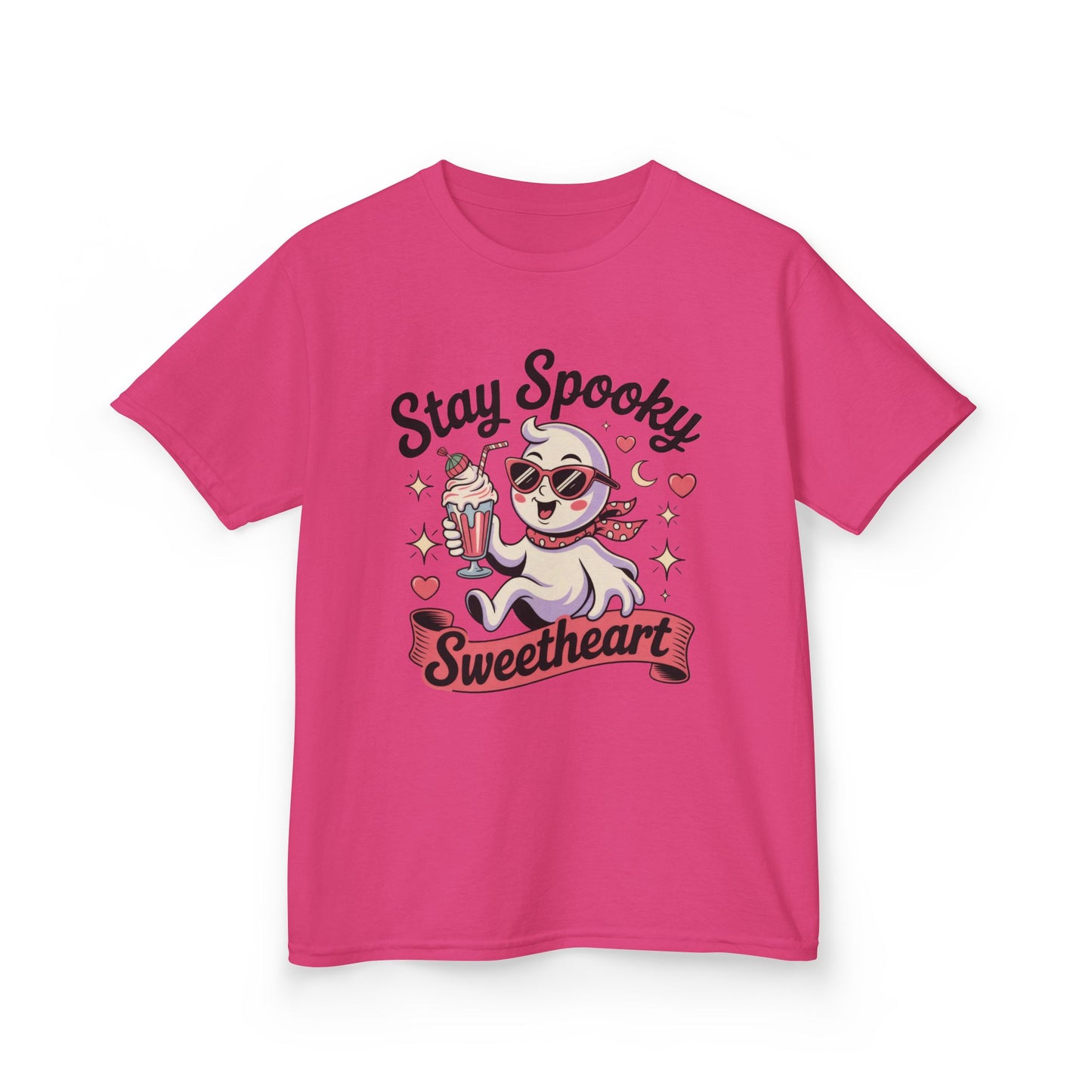 Girls Halloween Ghost T-Shirt, Stay Spooky Sweetheart Tee for Kids, Cute Retro Style Tween Girl Outfit Gift, Kids Heavy Cotton™ Tee