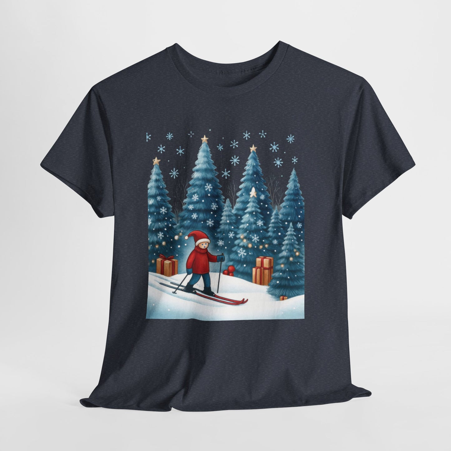Womens Cute Winter Holiday Graphic Tee, Christmas Skiing T-Shirt, Women's Heavy Cotton Tee