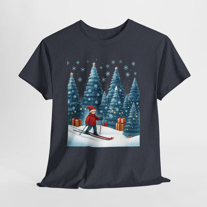 Womens Cute Winter Holiday Graphic Tee, Christmas Skiing T-Shirt, Women's Heavy Cotton Tee