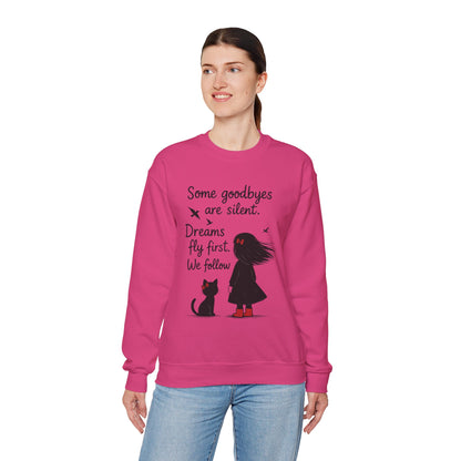 Cozy Farewell Girl & Cat Pullover, Hand Drawn Red Dress Art, Minimalist Womens Crewneck