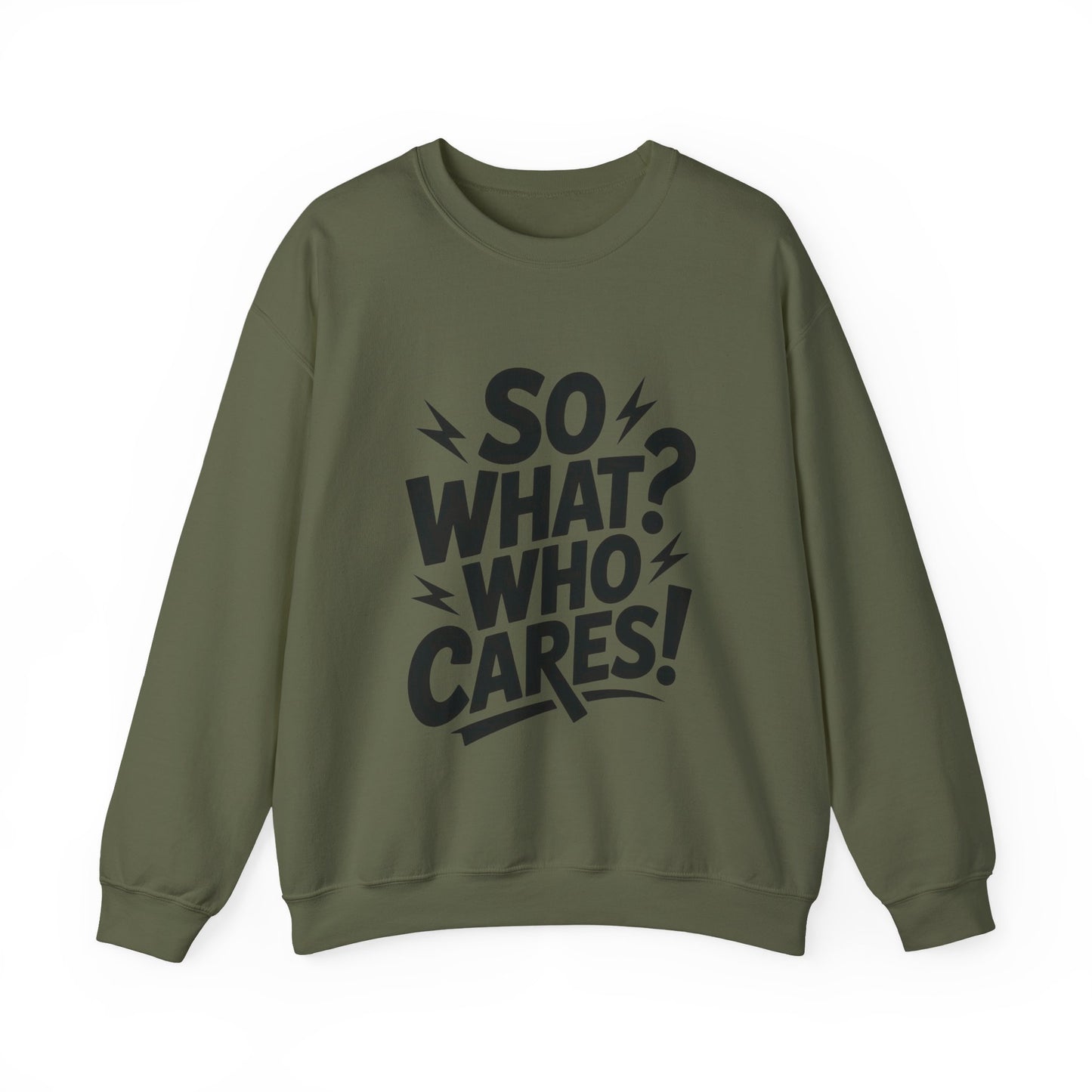 So What? Who Cares! Funny Mens Crewneck Sweatshirt, Bold Statement Design, Lightning Graphic Pullover, Rebellious Urban Humor