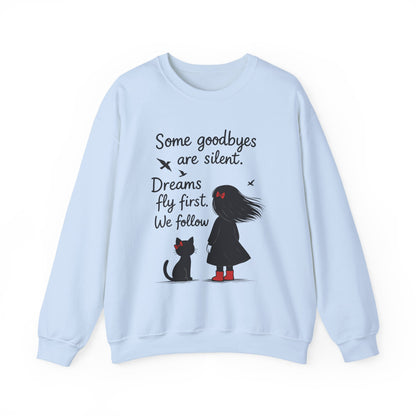 Cozy Farewell Girl & Cat Pullover, Hand Drawn Red Dress Art, Minimalist Womens Crewneck