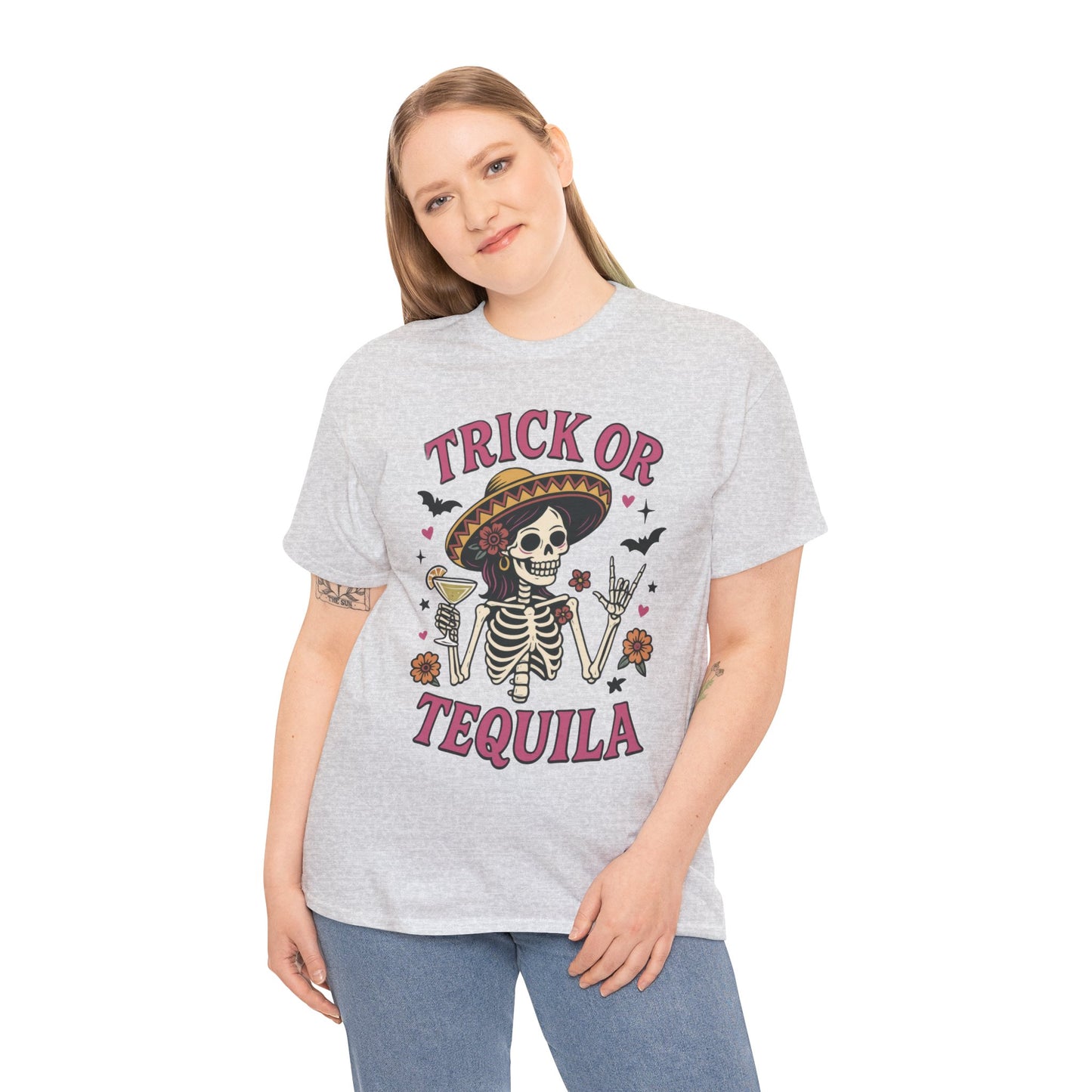 Trick or Tequila Women's T-Shirt, Funny Halloween Skeleton Drinking Shirt, Party Graphic Tee