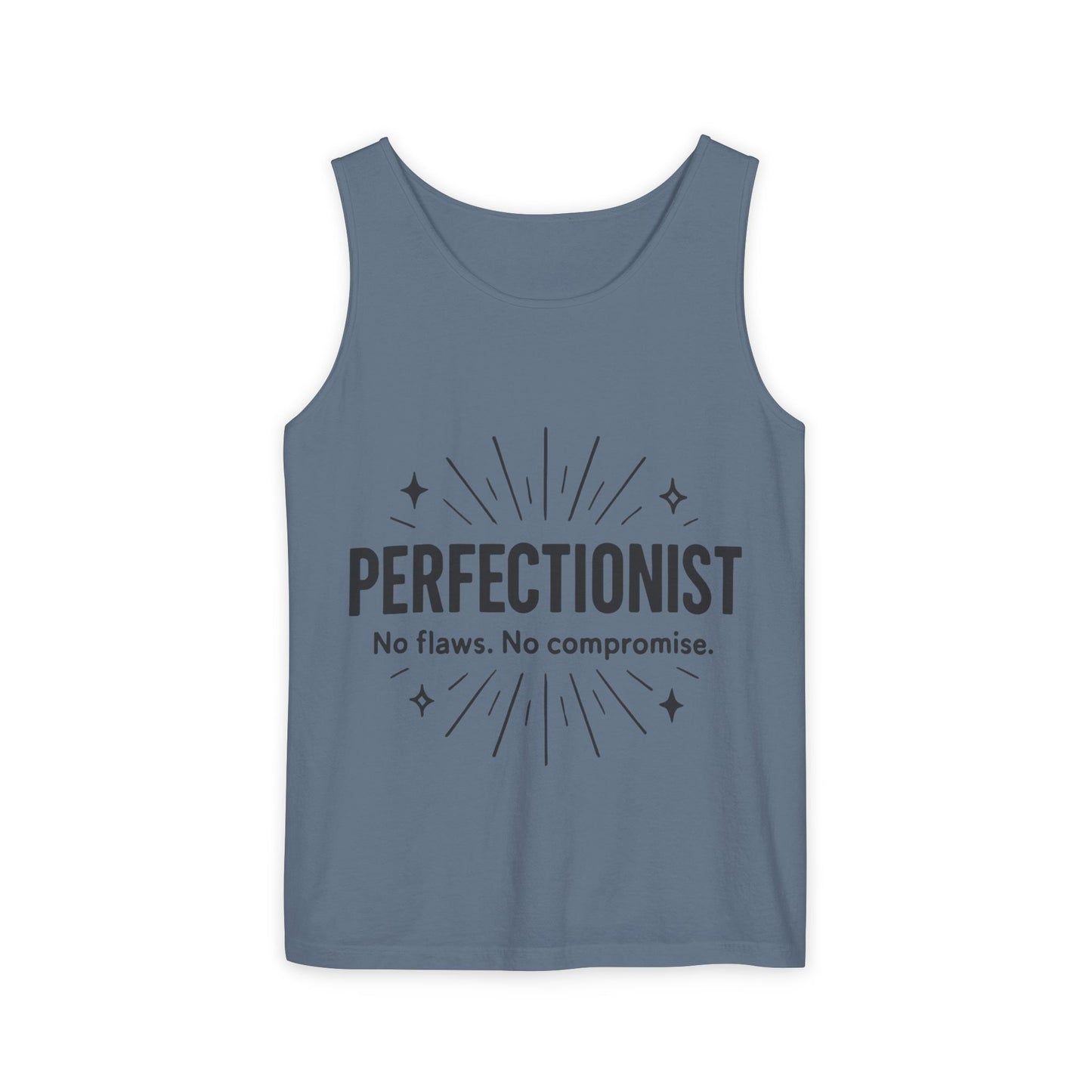 Mens Perfectionist Tank Top, No Flaws No Compromise, Minimal Bold Graphic Tee, Gift for OCD, Clean Freak, or Detail-Oriented Men