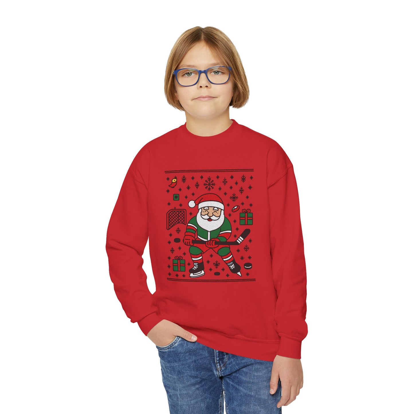 Hockey Santa Youth Christmas Sweatshirt, Funny Sports Holiday Jumper for Boys