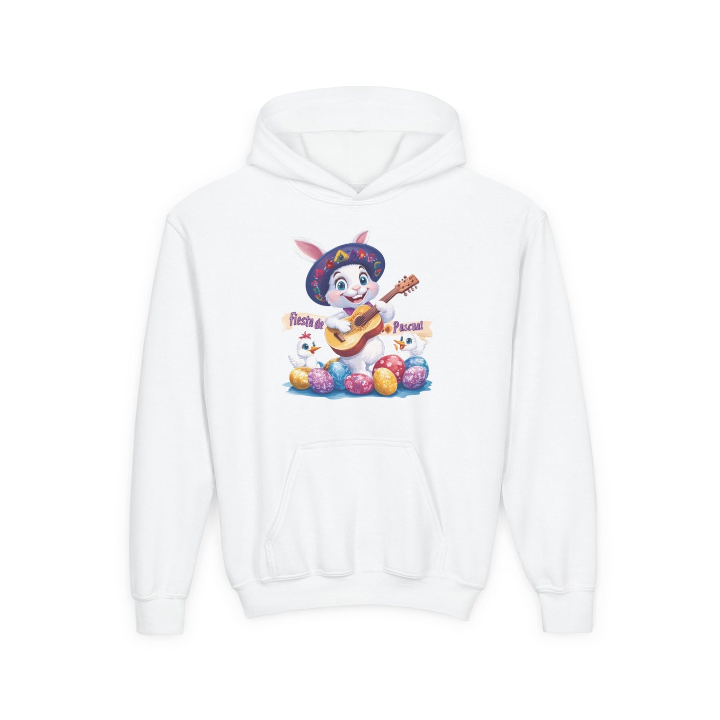 Mexican Easter Bunny Kids Hoodie - Cute Spring Sweatshirt with Guitar, Fun Holiday Outfit, Colorful Fiesta de Pascua Gift for Kids