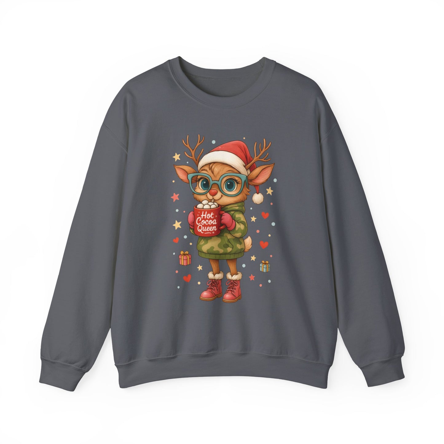 Hot Cocoa Queen Christmas Sweatshirt, Cute Cozy Holiday Reindeer Pullover