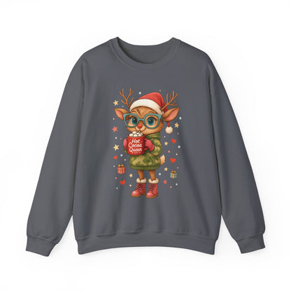 Hot Cocoa Queen Christmas Sweatshirt, Cute Cozy Holiday Reindeer Pullover
