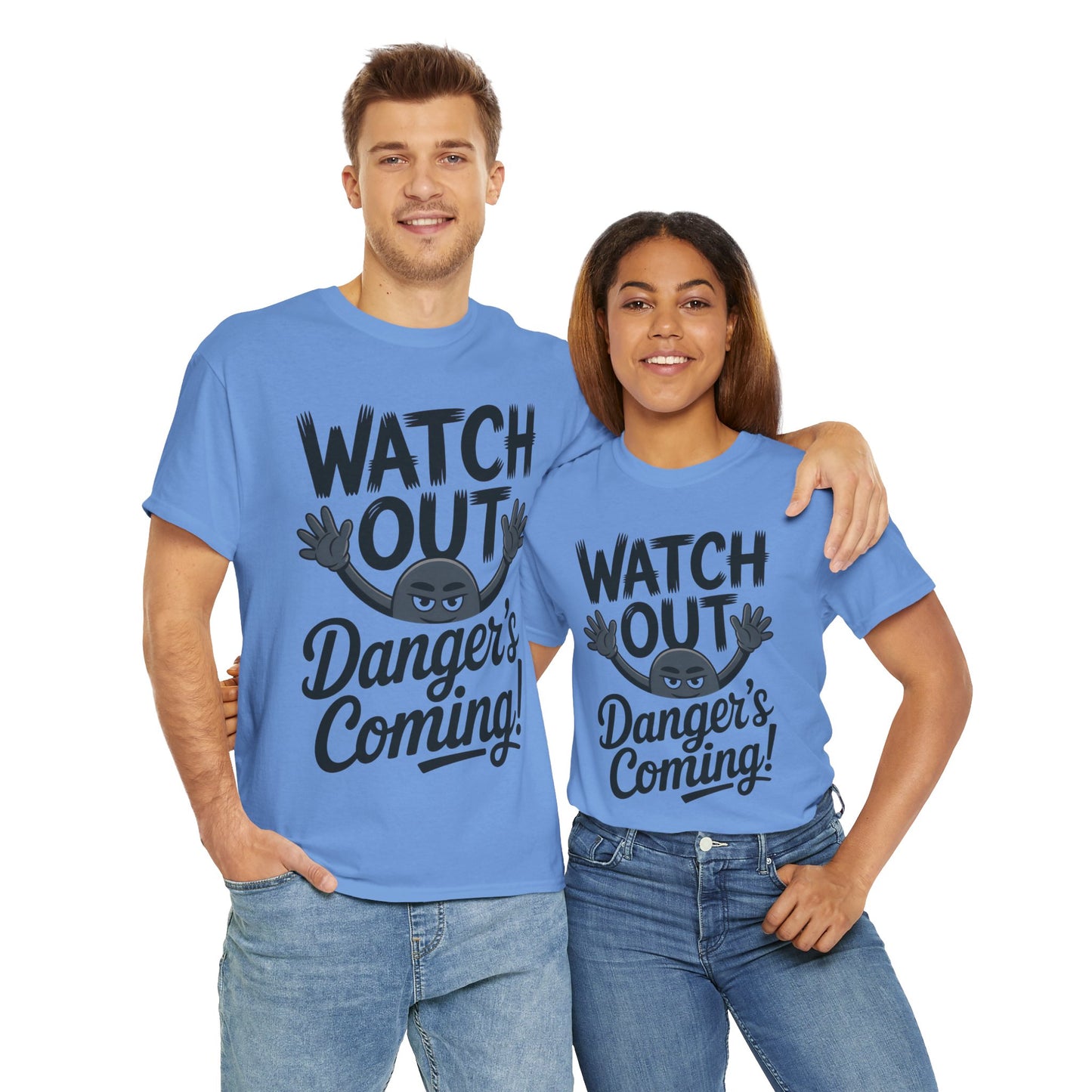 Funny "Watch Out" Cartoon Character T-Shirt, Sketch Style Unisex Heavy Cotton Tee, Minimalist Humorous Graphic Tee, Gift for Him/Her