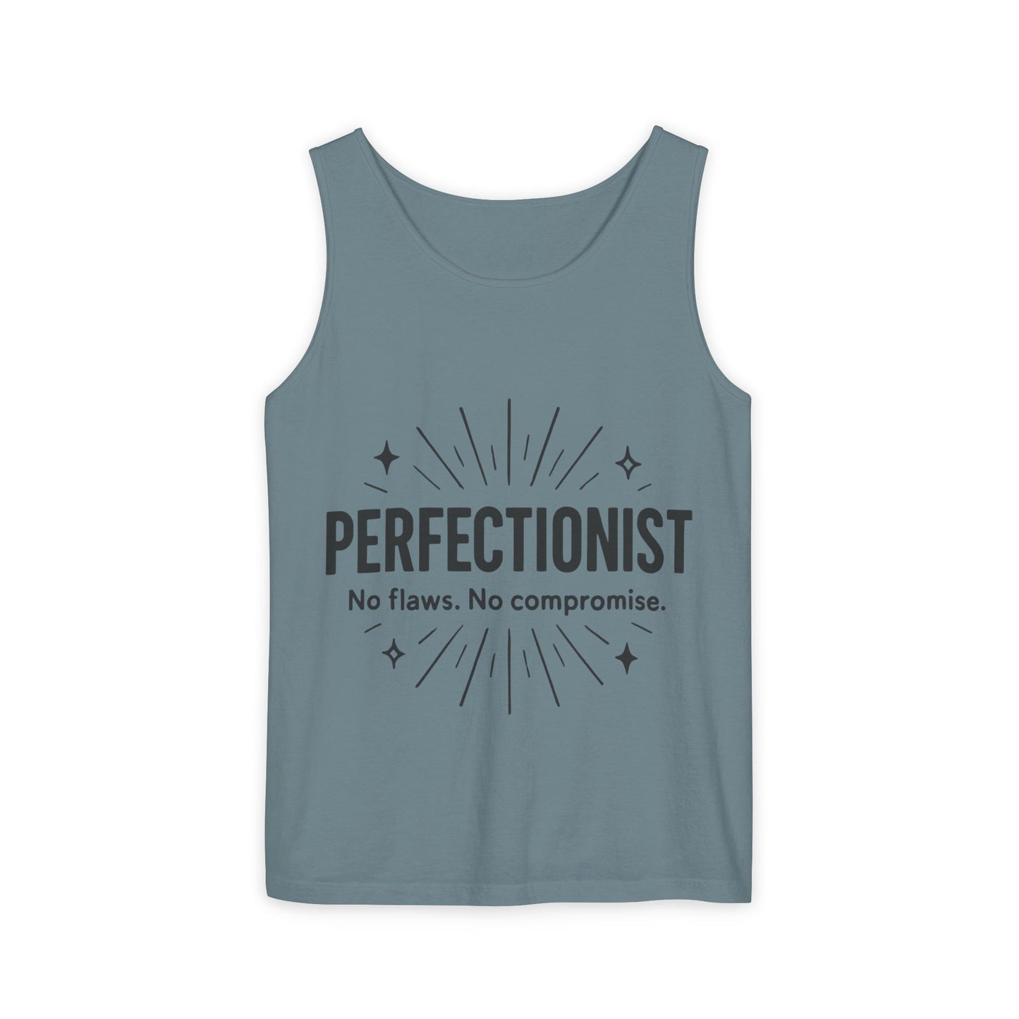 Mens Perfectionist Tank Top, No Flaws No Compromise, Minimal Bold Graphic Tee, Gift for OCD, Clean Freak, or Detail-Oriented Men