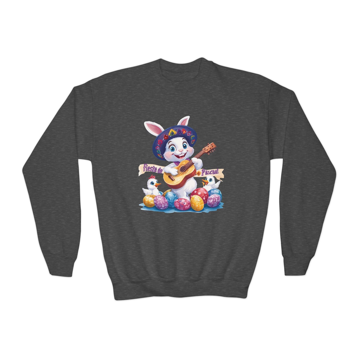 Fiesta de Pascua Bunny Sweatshirt - Mexican Easter Crewneck for Kids, Cute Spring Gift with Guitar Playing Bunny and Colorful Eggs
