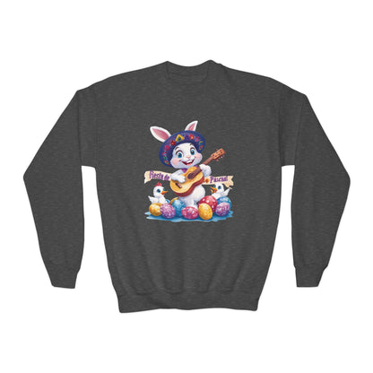 Fiesta de Pascua Bunny Sweatshirt - Mexican Easter Crewneck for Kids, Cute Spring Gift with Guitar Playing Bunny and Colorful Eggs