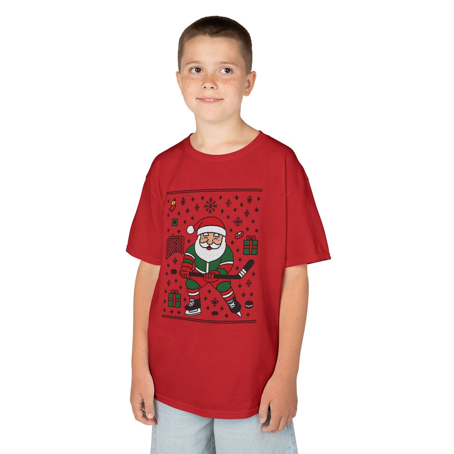 Hockey Santa Youth Christmas T-Shirt, Funny Holiday Sports Tee for Boys