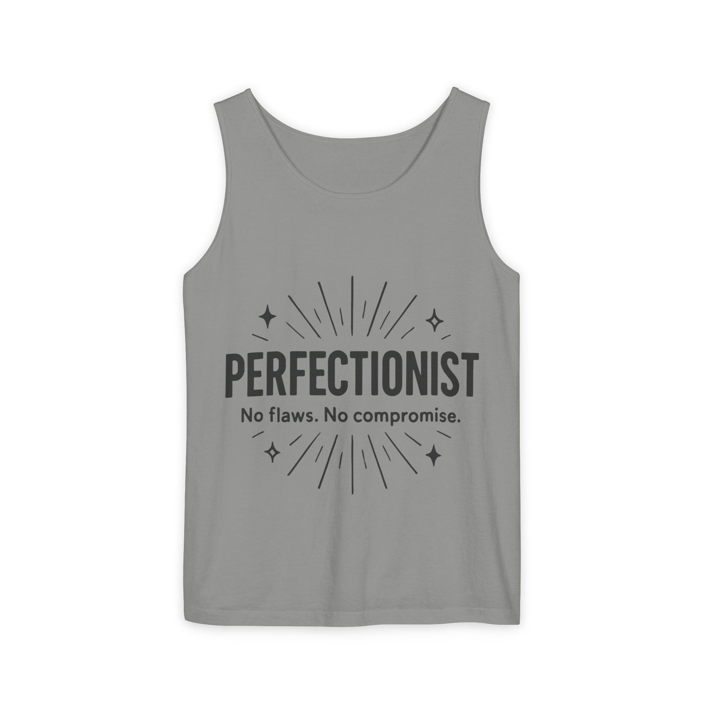 Mens Perfectionist Tank Top, No Flaws No Compromise, Minimal Bold Graphic Tee, Gift for OCD, Clean Freak, or Detail-Oriented Men