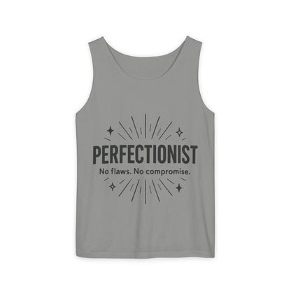 Mens Perfectionist Tank Top, No Flaws No Compromise, Minimal Bold Graphic Tee, Gift for OCD, Clean Freak, or Detail-Oriented Men