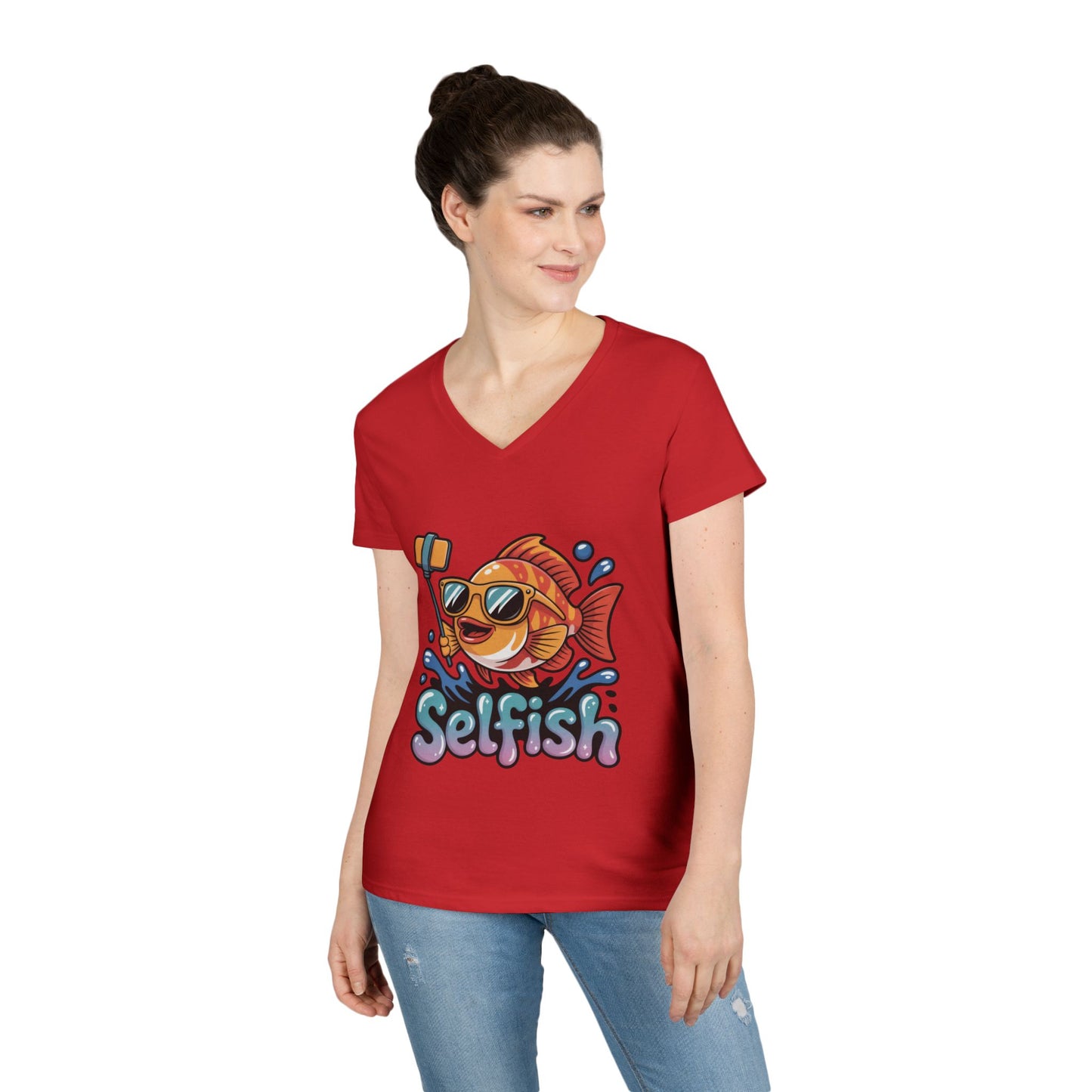 Ladies' V-Neck T-Shirt, Funny Selfie Fish Graphic Womens Tee, Playful Pun Gift for Her, Summer Vibes, Unique Beach Shirt, Outdoor Adventures