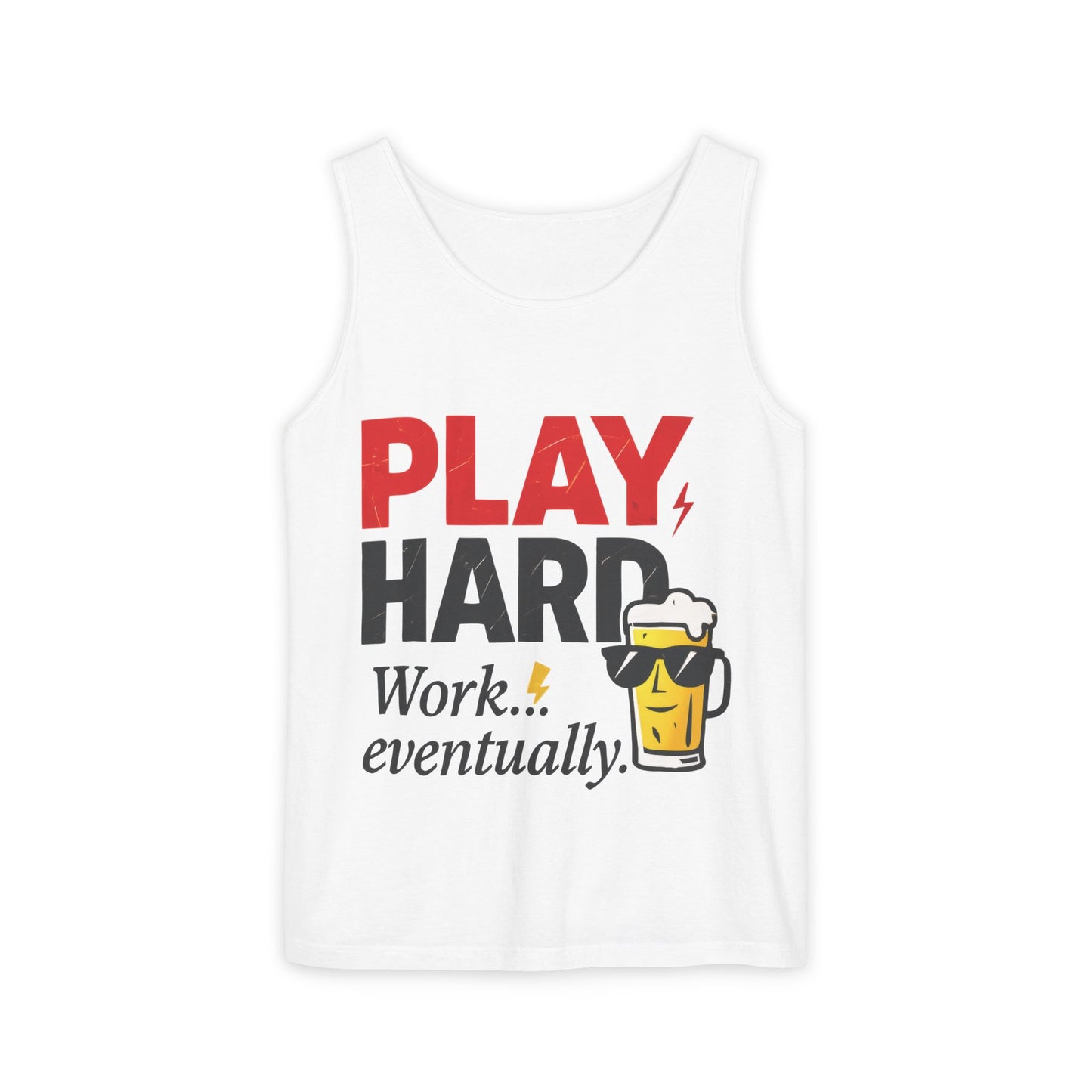 Casual Tank Top with Play Hard Print, Fun Summer Apparel, Gift for Dad or Friends, Beach Wear, Workout Top, Party Attire