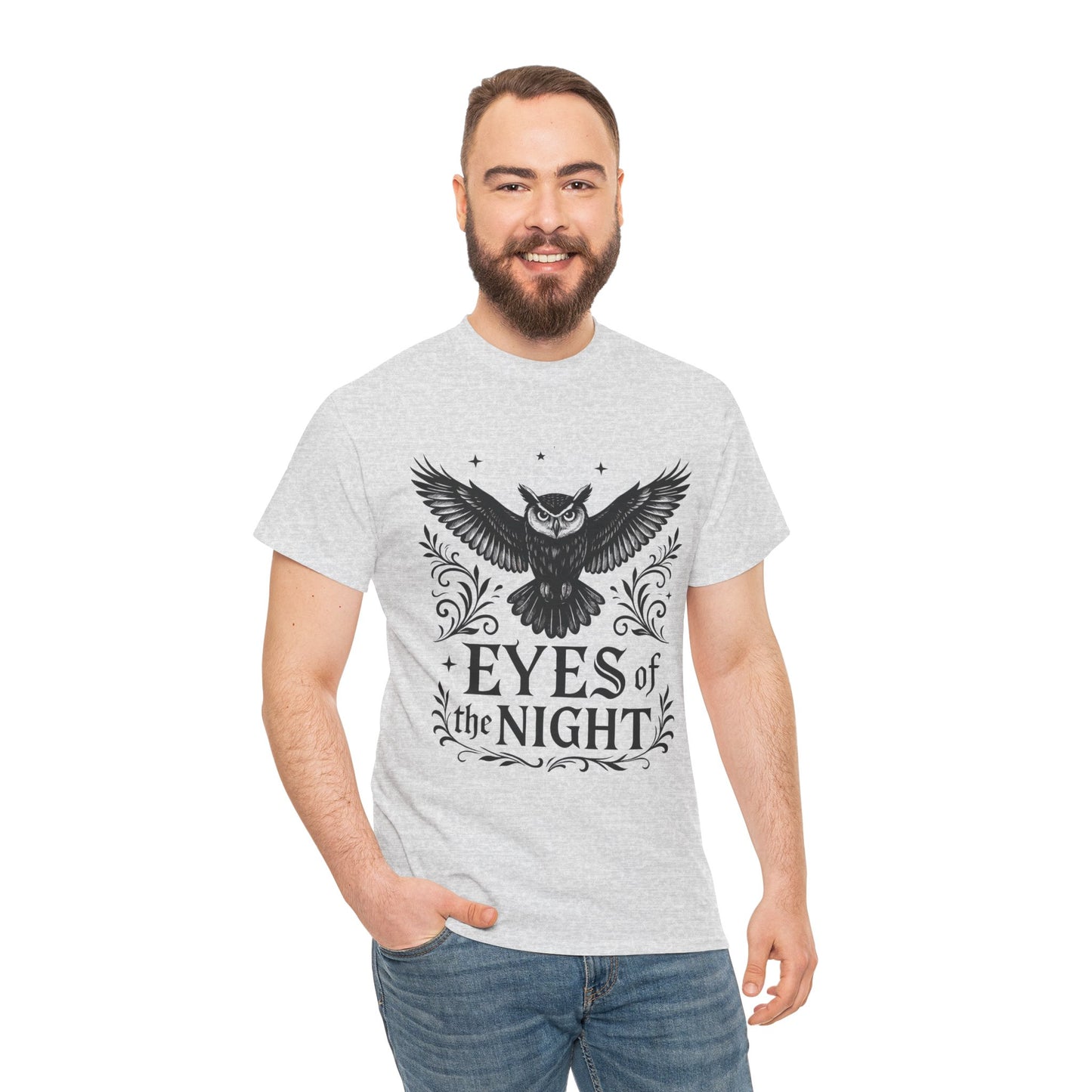 Cool Owl Graphic Unisex Heavy Cotton Tee, Flying Owl Art T-Shirt, Animal Print Tee, Gothic Bird Graphic Tee, Mens Gothic Style Shirt