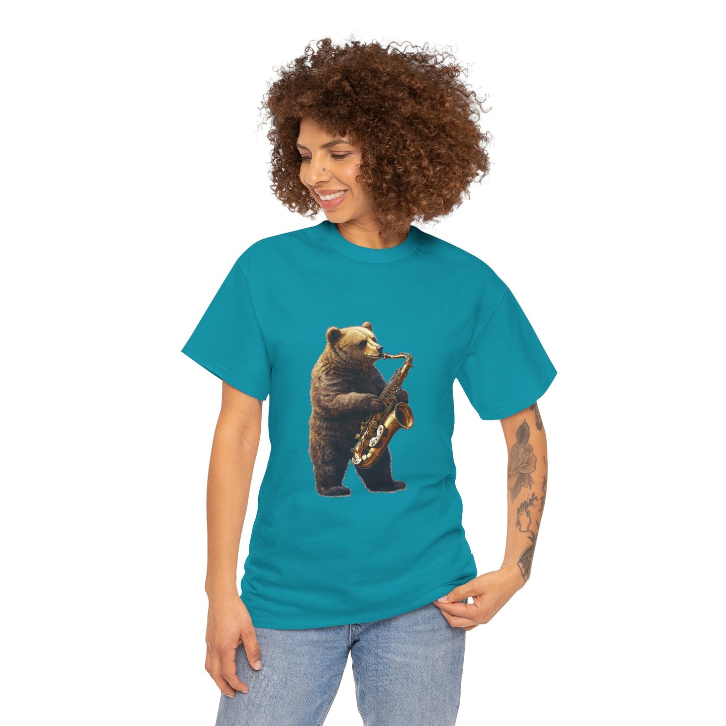Saxophone Bear Unisex Heavy Cotton Tee, Music Lover Shirt, Gift for Musicians, Cute Animal Tee, Fun Jazz T-Shirt