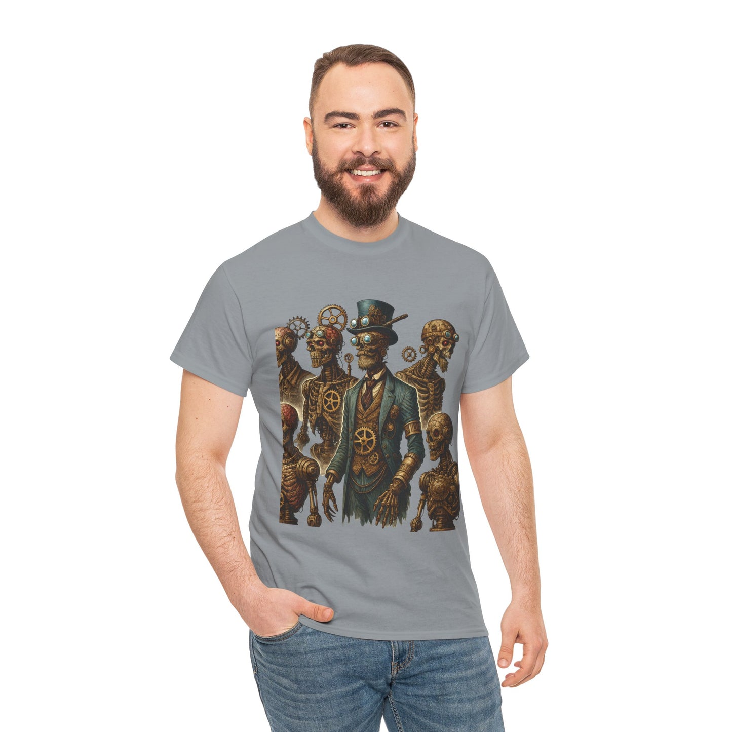 Steampunk Skeleton Gentleman T-Shirt, Vintage Mechanical Robot Skull Design, Gothic Industrial Cyberpunk Tee for Men