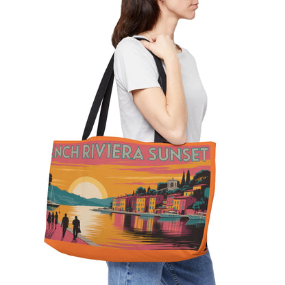 Vintage Coastal Weekender Tote Bag, Beach Bag, Travel Tote, Summer Vacation, Sunset Design, Gift for Her