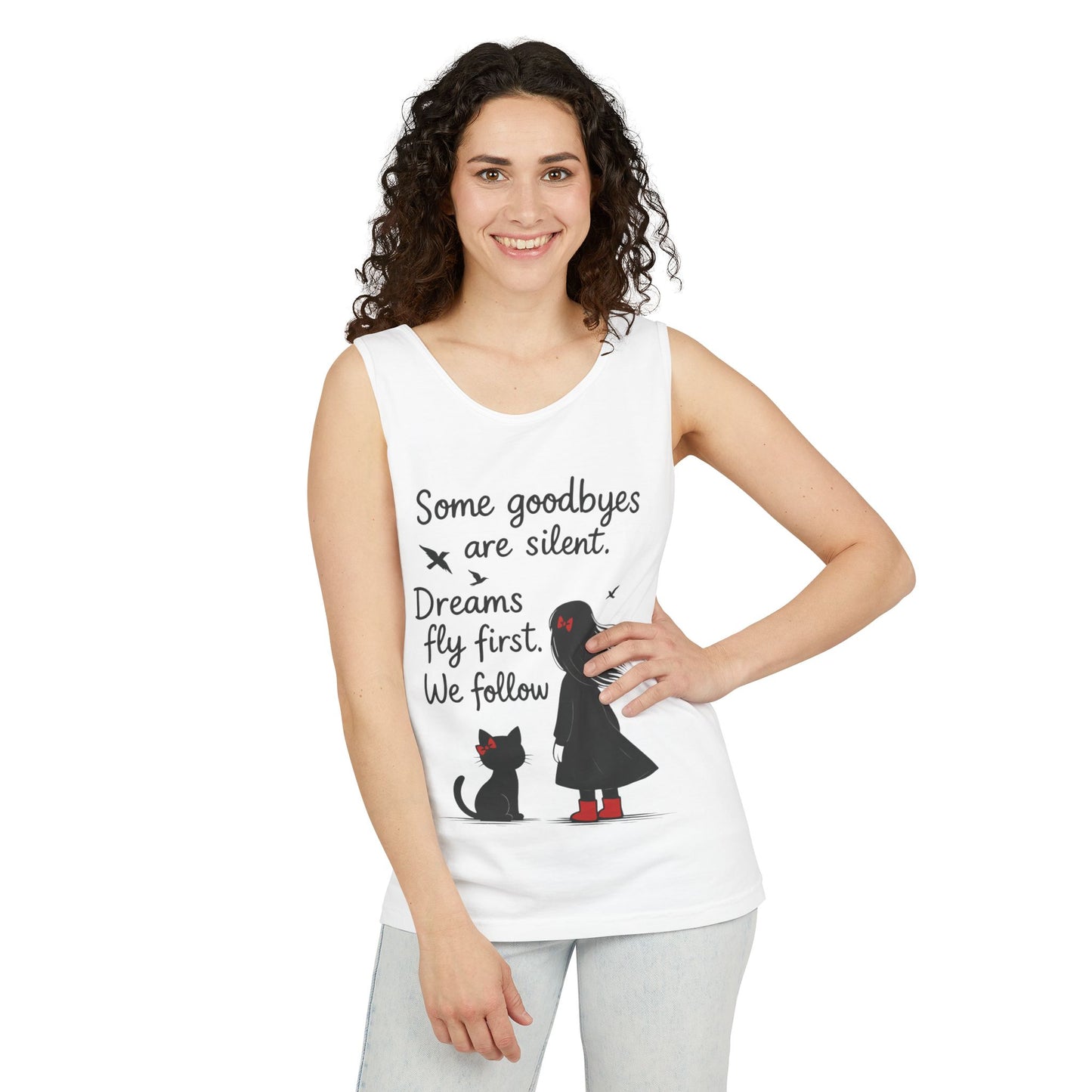Minimalist Tank Top, Womens Tank, Girl & Cat Art Print, Emotional Lightweight Summer Shirt,  Inspirational Apparel, Cat Lover Gift