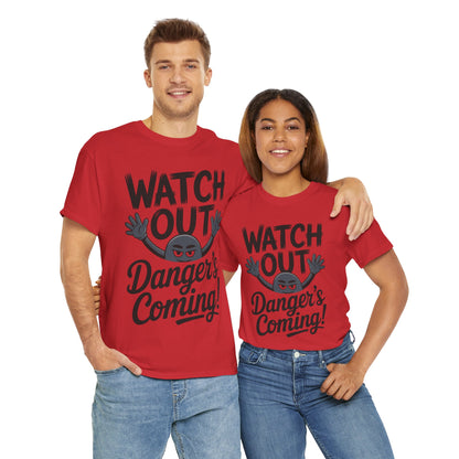 Funny "Watch Out" Cartoon Character T-Shirt, Sketch Style Unisex Heavy Cotton Tee, Minimalist Humorous Graphic Tee, Gift for Him/Her