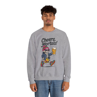 Cheers Mortals! Mens Crewneck Sweatshirt, Skeleton Beer Pullover with Hood, Drinking Humor Sweatshirt, Party Gift for Him, Halloween Apparel