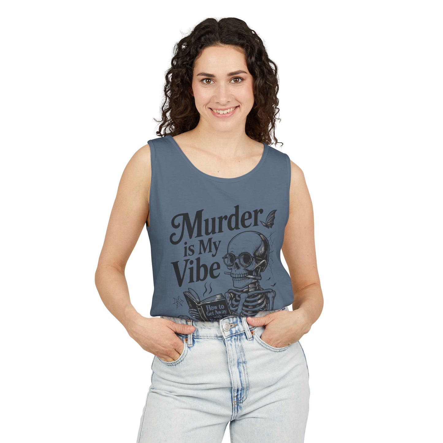 Murder Is My Vibe Tank Top, Mens Goth Tank, Halloween Clothing, Skeleton Graphic Tee, Cozy Casual Wear, Quirky Gift Idea