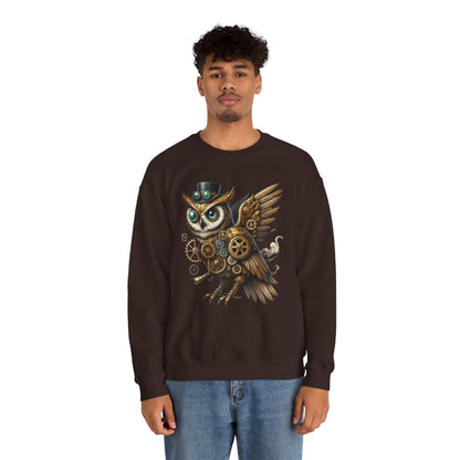Steampunk Owl Unisex Crewneck Sweatshirt, Vintage Mechanical Gears Fantasy Bird Graphic Pullover, Gift for Owl Lovers