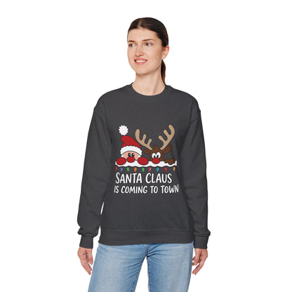 Santa Claus Is Coming to Town Women's Christmas Sweatshirt, Cute Santa - Reindeer Holiday Jumper
