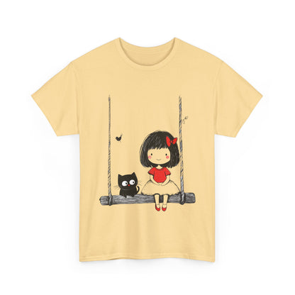 Cute Cat & Girl Graphic Tee, Playful Gift for Cat Lovers, Cat and Girl Design, Gift for Cat Owners, Women's Cotton T-Shirt