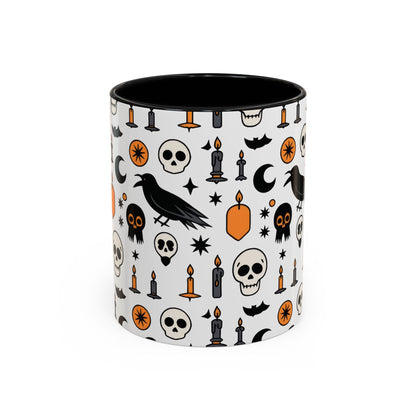 Gothic Halloween Mug, Skull, Candle - Raven Pattern Coffee Cup, Dark Aesthetic Spooky Gift for Her or Him, Accent Coffee Mug (11, 15oz)