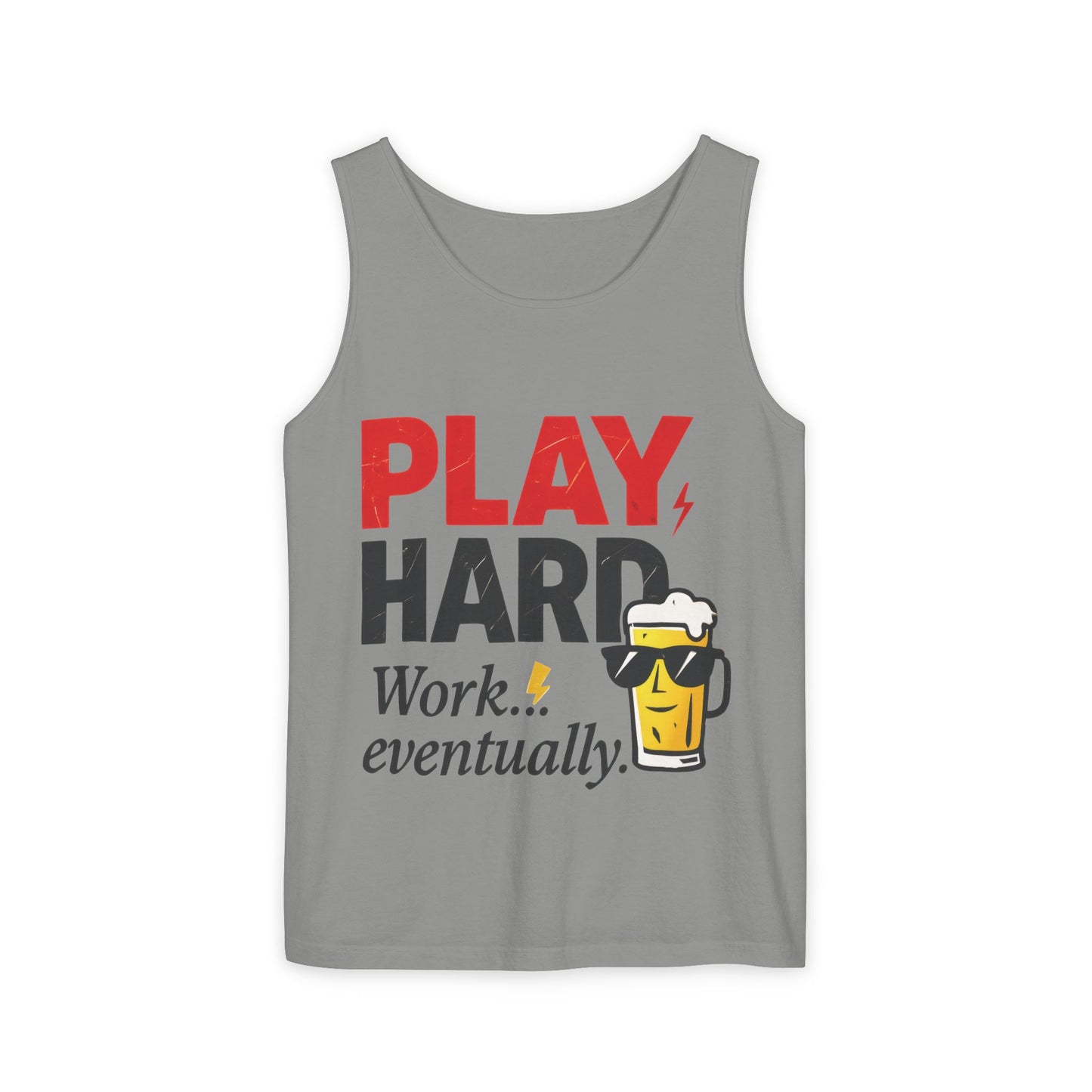 Casual Tank Top with Play Hard Print, Fun Summer Apparel, Gift for Dad or Friends, Beach Wear, Workout Top, Party Attire