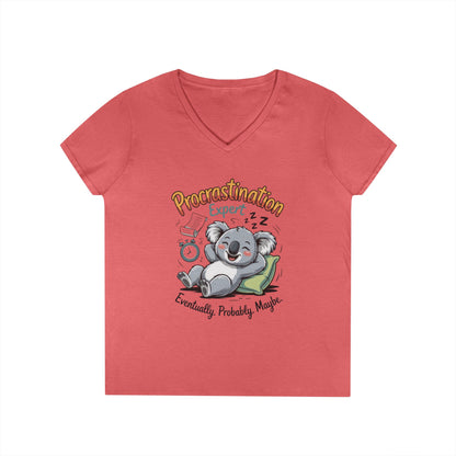 Procrastination Expert Ladies' V-Neck T-Shirt, Fun Tee for Lazy Days, Gift for Students, Casual Wear, Motivational Shirt, Cute Koala Design