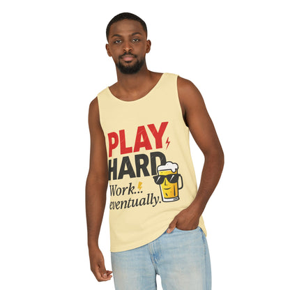 Casual Tank Top with Play Hard Print, Fun Summer Apparel, Gift for Dad or Friends, Beach Wear, Workout Top, Party Attire