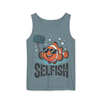 Mens Garment-Dyed Tank Top, Mens Selfish Funny Fish Tank Top, Cute Selfie Graphic Shirt, Ocean Humor Top