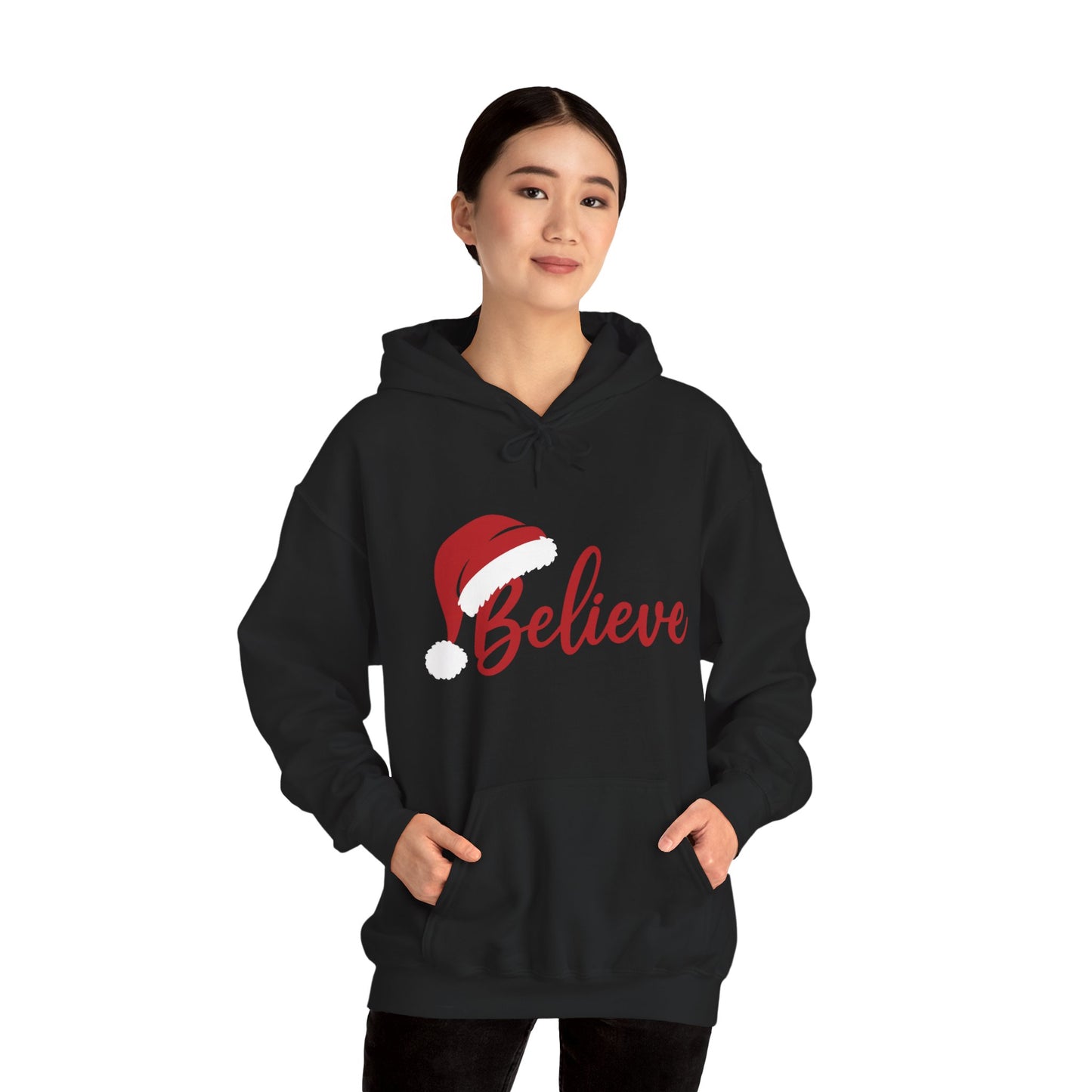 Believe Christmas Women's Hoodie, Minimal Santa Hat Holiday Sweatshirt for Women