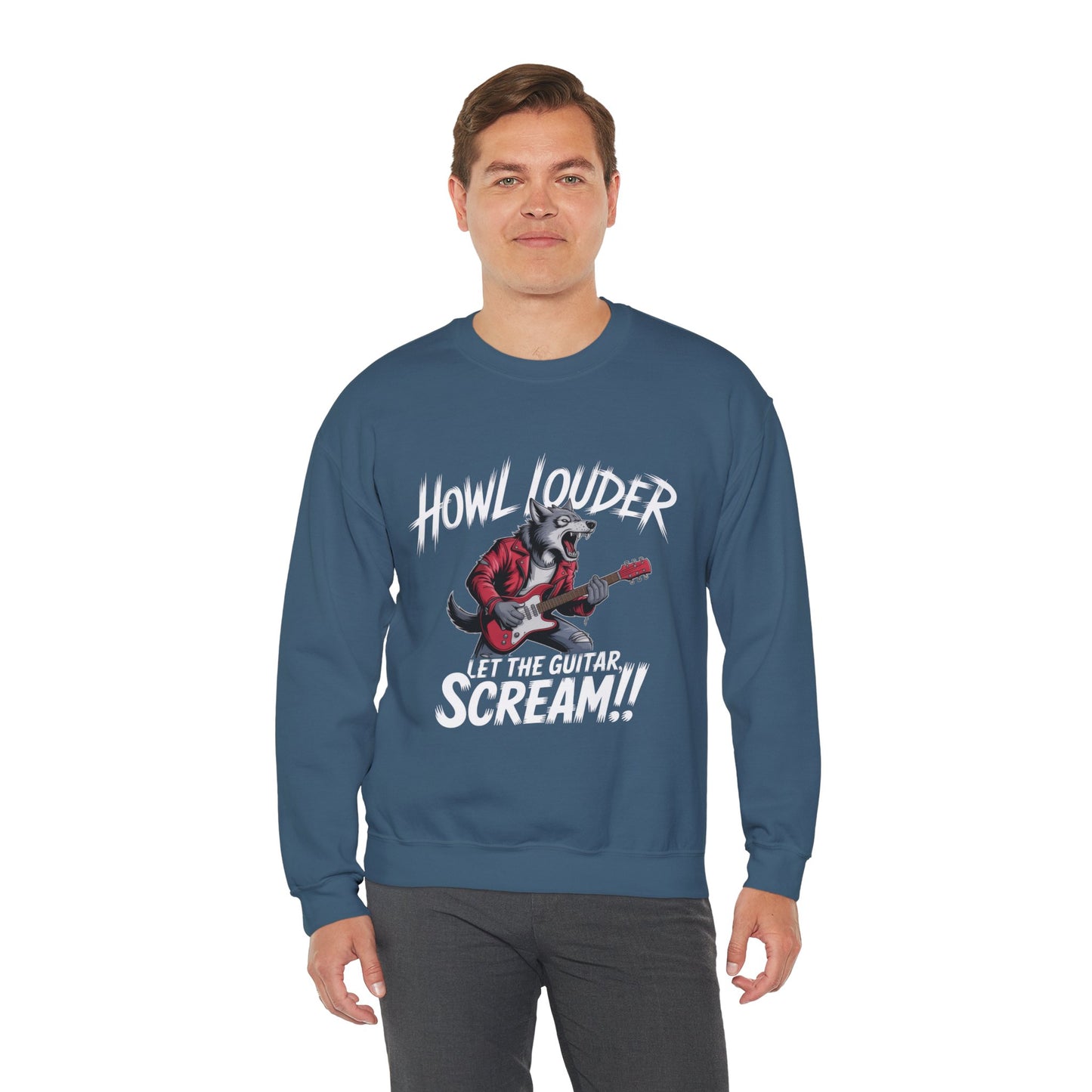 Howl Louder Wolf Sweatshirt, Let The Guitar Scream Pullover, Rock Guitar Animal Hoodie, Rocking Wolf Crewneck Sweatshirt, Music Lover Gift