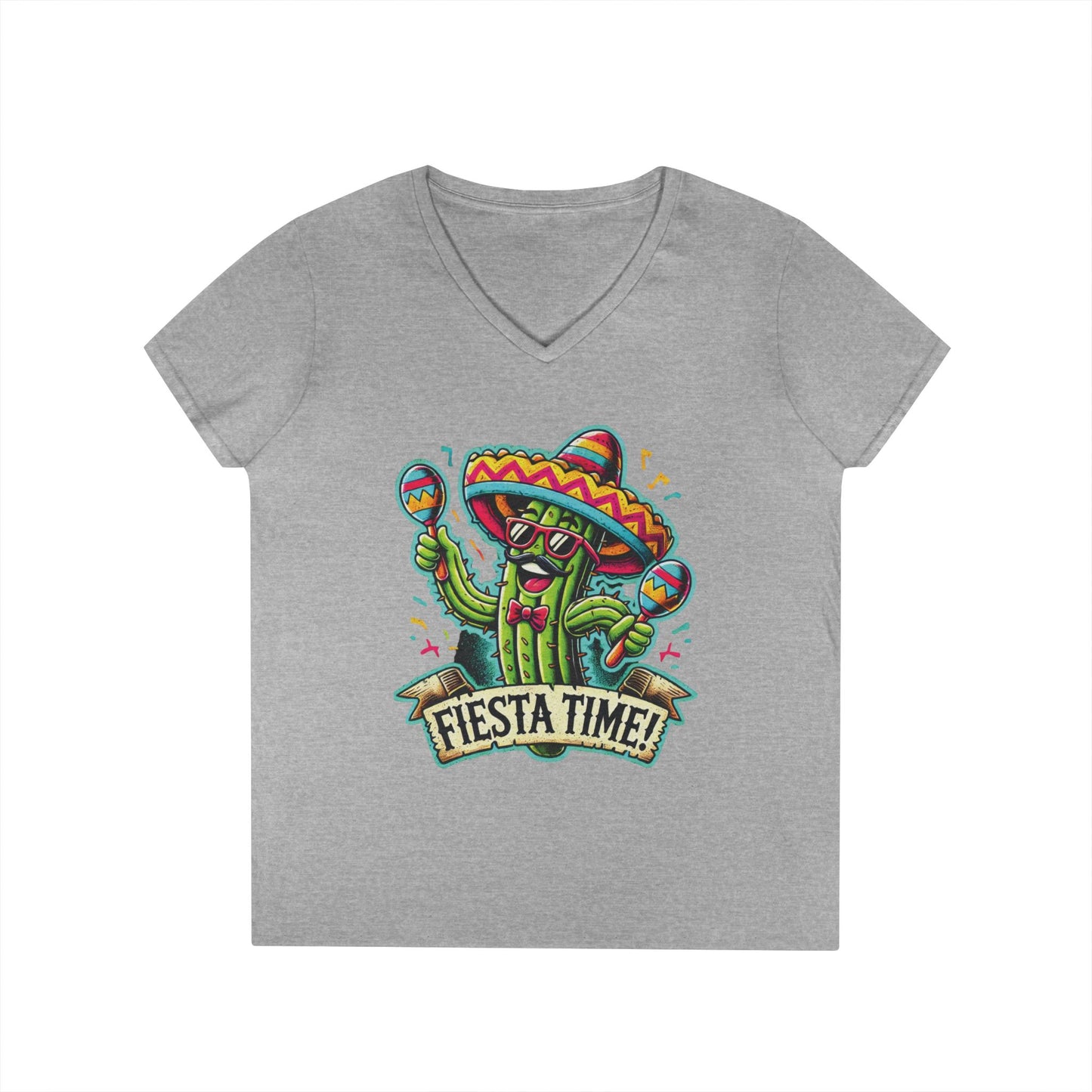 Fiesta Time Cactus Ladies' V-Neck T-Shirt, Funny Sombrero Mexican Party Tee, Cinco de Mayo Gift Idea, Fun Summer Tee, Party Wear