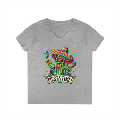 Fiesta Time Cactus Ladies' V-Neck T-Shirt, Funny Sombrero Mexican Party Tee, Cinco de Mayo Gift Idea, Fun Summer Tee, Party Wear